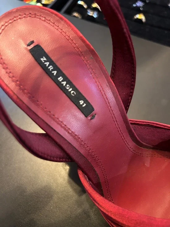 Zara Wine Red Satin Pointed Slingback Heels - Picture 2 of 6